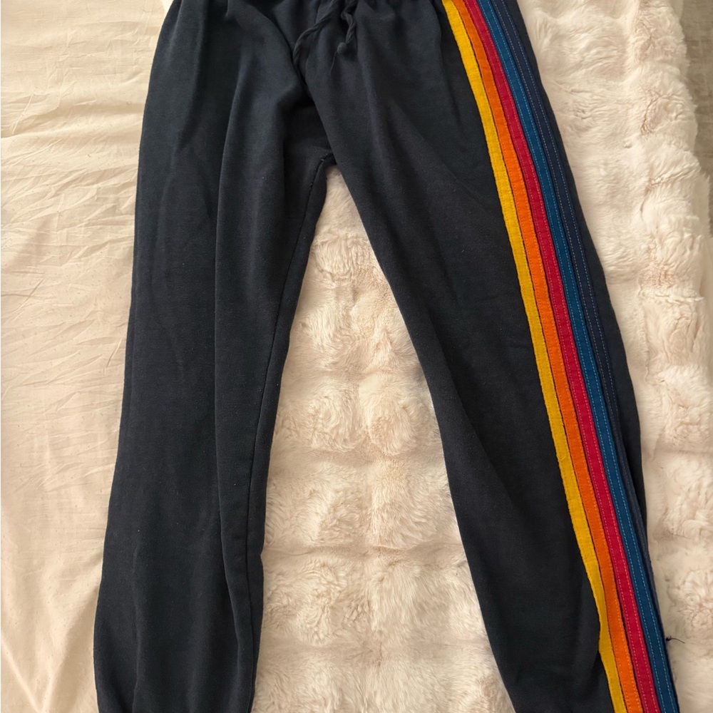 Aviator Nation Navy Sweatpants with Rainbow Stripes